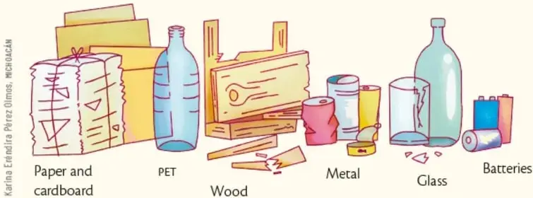 Ilustración de ejemplos de clasificación de residuos: papel y cartón, PET, madera, metal, vidrio y pilas, de Karina Eréndira Pérez Olmos, Michoacán.