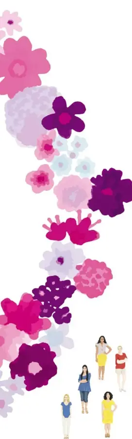 Decoración de flores en tonos rosa, morado y celeste a lo largo del margen.