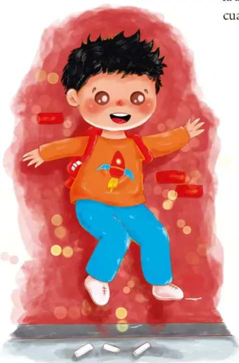 Ilustración de un niño saltando con una mochila escolar, rodeado de un fondo rojo con destellos.