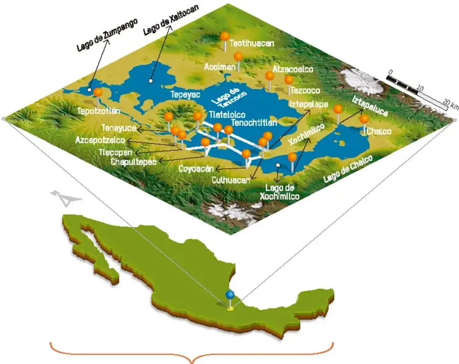 Mapa en perspectiva de la cuenca lacustre del valle de México con los lagos y ciudades principales.