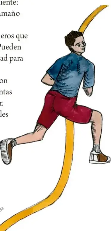 Ilustración de un niño corriendo con ropa azul y shorts guinda sobre un trazo amarillo que serpentea la página.