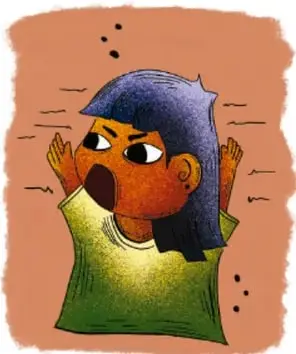 Ilustración de una persona joven con el rostro sorprendido y las manos levantadas, rodeada de signos de exclamación y líneas de tensión, que representa una emoción intensa. Crédito: Luis Fernando Sotelo Gaspar, Querétaro.