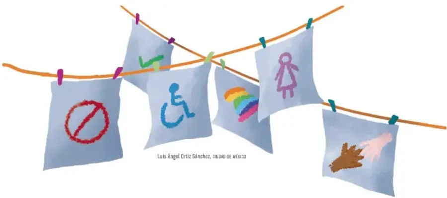Tendedero con seis playeras colgadas que muestran símbolos: prohibido, accesibilidad, arcoíris, figura femenina y manos de distintos tonos de piel.