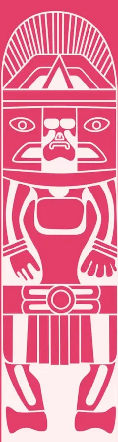 Ilustración estilizada de una figura humana o tótem en color rosa y blanco, con motivos geométricos y simbólicos, que acompaña el texto introductorio.