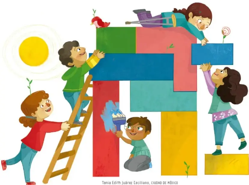 Ilustración de cuatro niños construyendo juntos un muro de bloques de colores; uno sube una escalera, otro pinta, y una niña ayuda desde arriba. Crédito: Tania Edith Juárez Ceciliano, Ciudad de México.