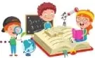 Ilustración de estudiantes junto a una calculadora y un libro.