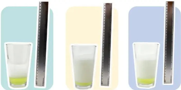 Tres vasos con líquido y una regla al lado, mostrando la medición de la columna de burbujas en diferentes condiciones.