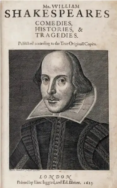Portada del First Folio de Shakespeare: *Mr. William Shakespeares Comedies, Histories, & Tragedies* (Londres, 1623) con el retrato del autor.