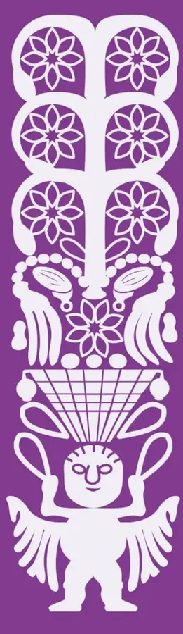 Ilustración decorativa de color morado con figuras geométricas y florales que forman un diseño vertical, incluyendo una figura humana estilizada con alas y brazos levantados.