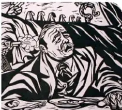 Ilustración en blanco y negro de un hombre asesinado en un banquete, con figuras alrededor.