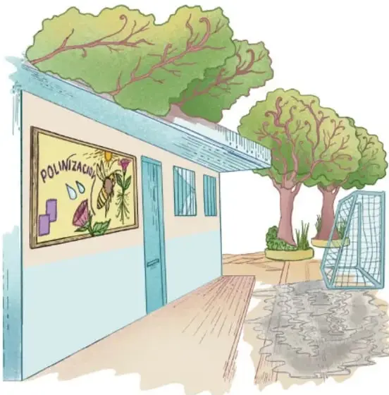 Ilustración del patio de la escuela: salón con afiche sobre polinización, árboles, portería de la cancha y un charco de agua turbia en el suelo junto a la cancha. Crédito: Tania Villanueva López, Puebla.