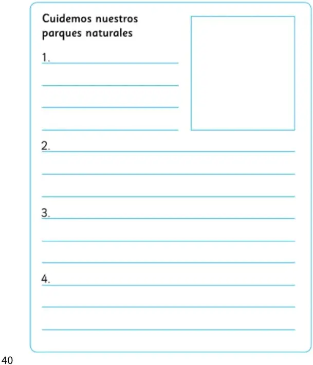 Recuadro con líneas numeradas del 1 al 4 para escribir ideas y un espacio rectangular en blanco para un dibujo.