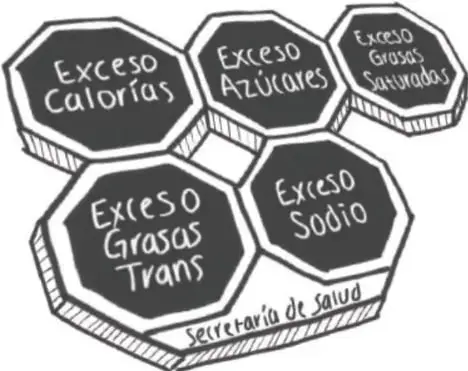 Cinco sellos octagonales negros de la Secretaría de Salud: Exceso Calorías, Exceso Azúcares, Exceso Grasas Saturadas, Exceso Grasas Trans y Exceso Sodio.