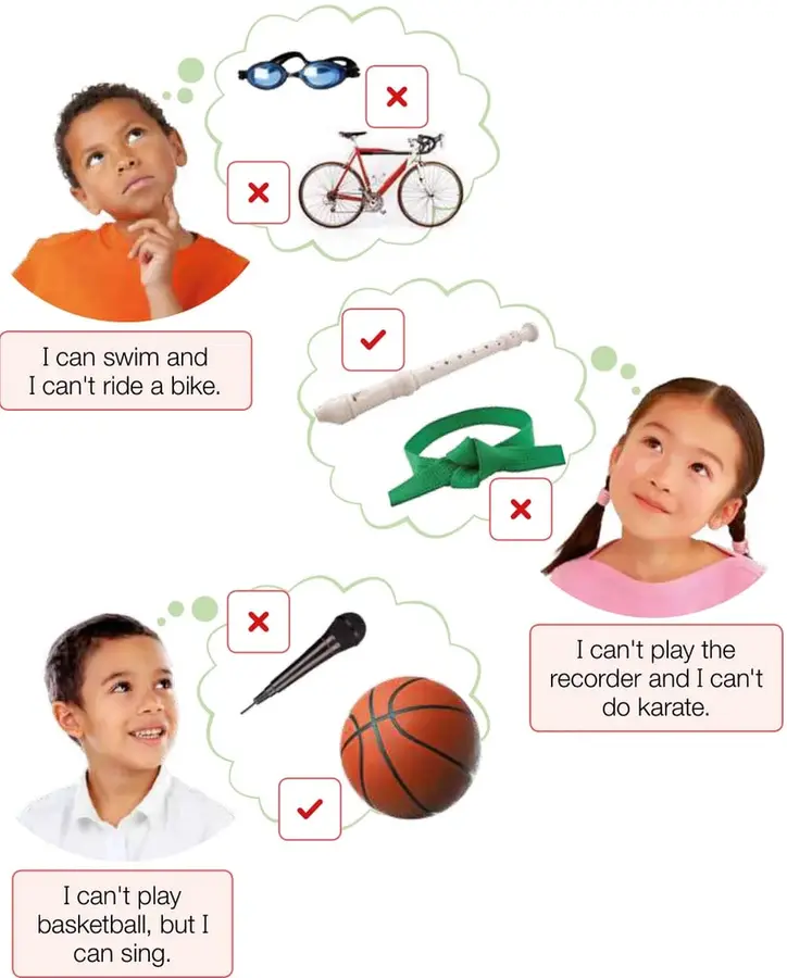 Niño de polera naranja pensando; en su globo de pensamiento aparecen gafas de natación con ✗ y una bicicleta con ✗.