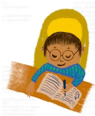 Ilustración de un niño con lentes leyendo un libro abierto, crédito fotográfico: Cuauhtémoc Wetzka, VERACRUZ.