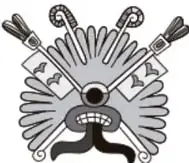 Ilustración de un rostro prehispánico estilizado con tocado de plumas y símbolos.