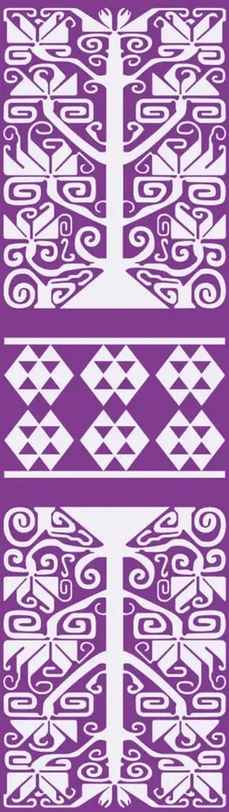 Patrón decorativo con motivos geométricos y vegetales estilizados, de estilo textil indígena mexicano (greca y árbol central), acompañado de franjas con rombos y triángulos. Es ornamento, no información matemática.