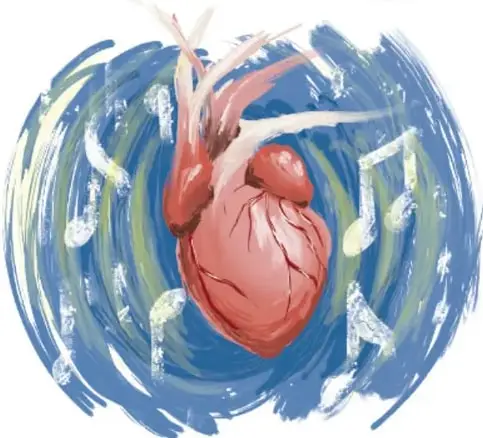 Ilustración de un corazón humano rodeado de notas musicales sobre un círculo de trazos azules.