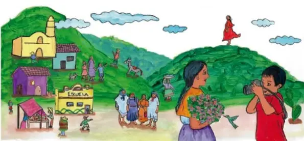 Ilustración de una comunidad: casa-escuela con letrero 'Escuela', iglesia, montañas, familias reunidas, niños jugando y personas con ramos de flores.