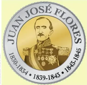 Retrato del general Juan José Flores en una medalla conmemorativa. El pie de imagen lo identifica como el primer presidente constitucional del Ecuador.