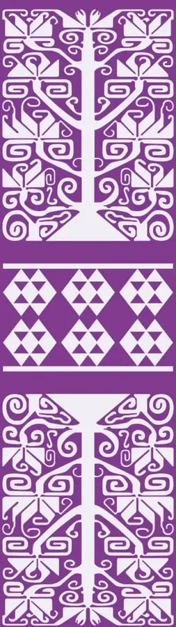 Franja morada con tres motivos decorativos geométricos estilo arte popular mexicano (árboles estilizados y rombos con triángulos) en blanco sobre morado.