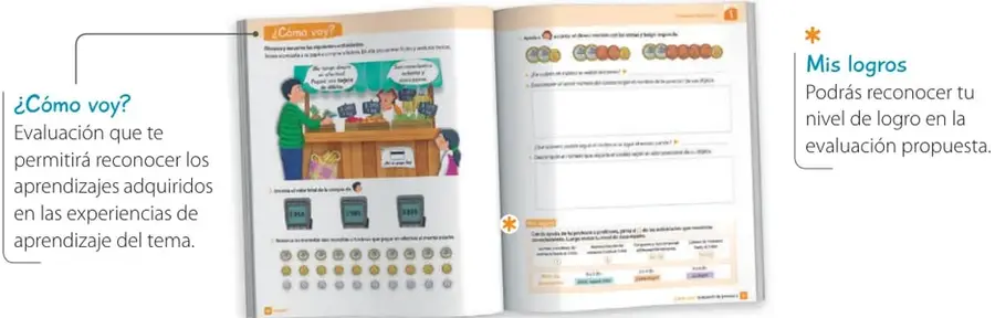 Doble página modelo de ¿Cómo voy? con escena de compra en un kiosco, ejercicios de unir, escala de valoración con emoticones y autoevaluación.