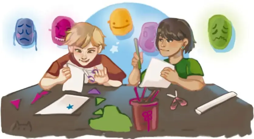 Ilustración de dos niñas trabajando en una mesa con papeles, tijeras, pinturas y un portapinceles; a su alrededor flotan máscaras de distintos colores que representan emociones (tristeza, alegría, enojo). Crédito: Abigail Godoy Araujo, Querétaro.