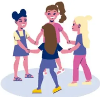 Ilustración de niñas y niños tomados de las manos formando un círculo, jugando en el patio.