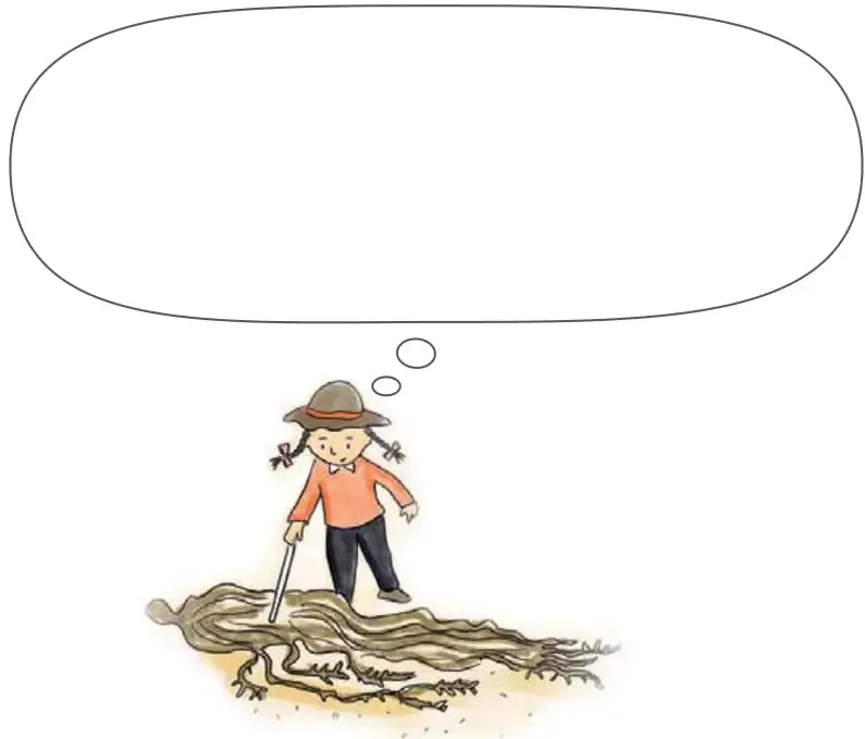 Niña con sombrero y bastón sobre un montón de cochayuyo en la playa, con un globo de pensamiento vacío.