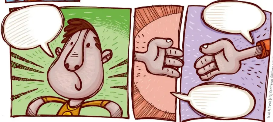 Tira de tres viñetas ilustradas: un niño sorprendido con globo vacío, dos manos que chocan (imitando un choque de palmas) y un globo vacío sobre fondo morado.