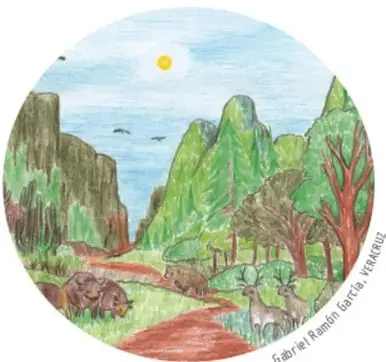 Ilustración circular de una región natural con montañas, árboles, animales (venados, aves) y sol; crédito a Gabriel Ramón García, Veracruz.