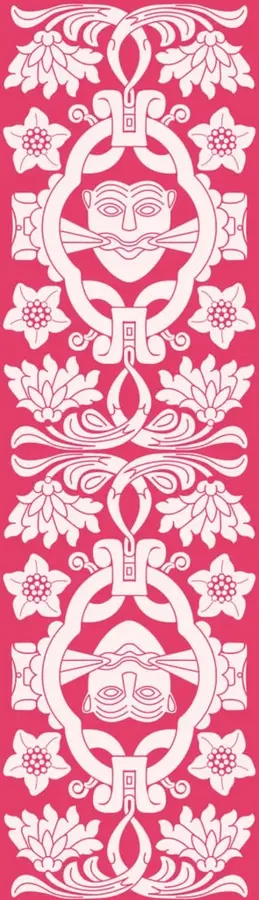 Ilustración decorativa con motivos florales y rostros prehispánicos en blanco sobre fondo rosa.