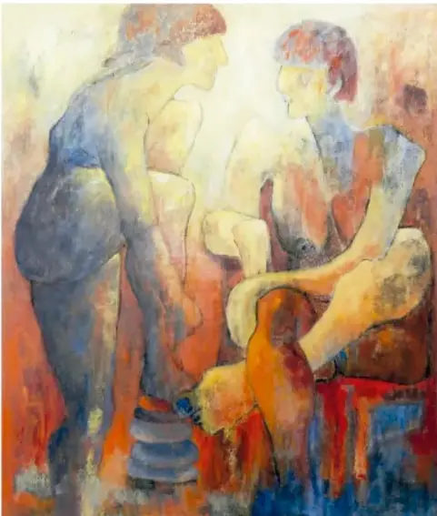 Obra 'Tlacuilos' (2011): dos figuras humanas sentadas con tonos cálidos de naranja, ocre y azul.