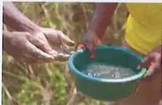 Personas manipulando agua en un recipiente, como referencia a la potabilización y al consumo de agua segura.