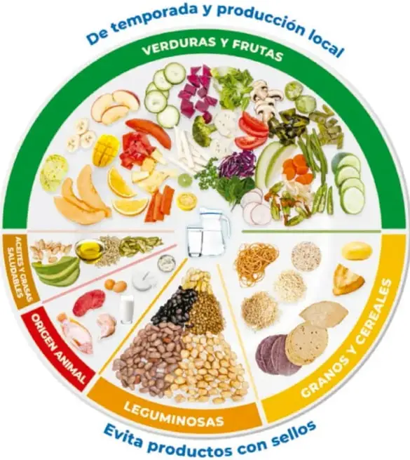 Plato de los alimentos dividido en secciones: verduras y frutas (mayor porción, con mensaje 'De temporada y producción local'), granos y cereales, leguminosas, origen animal y aceites y grasas saludables; mensaje inferior 'Evita productos con sellos'.