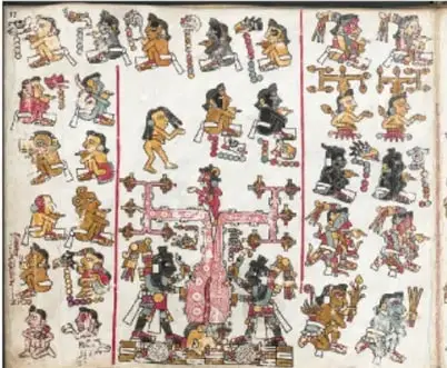 Reproducción de un códice o lienzo tradicional con figuras humanas, deidades y glifos de colores.