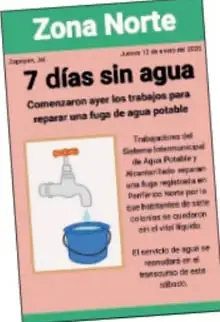 Recorte de periódico titulado 'Zona Norte' con la noticia '7 días sin agua', que informa sobre trabajos para reparar una fuga de agua potable.