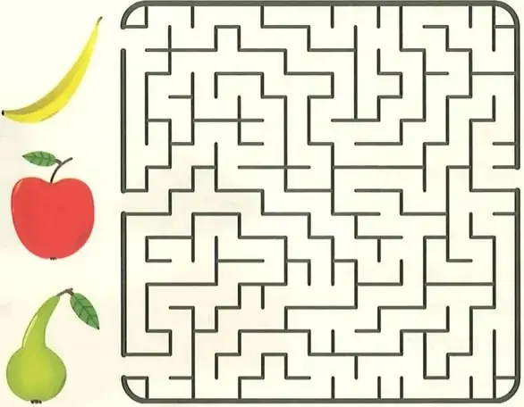Laberinto que conecta tres frutas, un banano, una manzana y una pera, con una canasta.