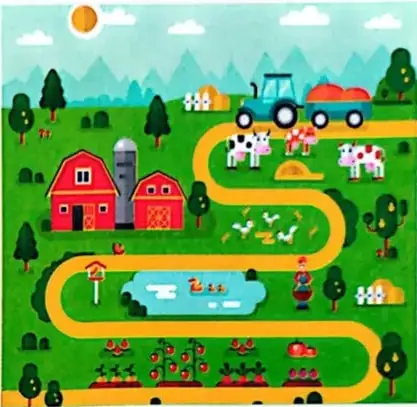 Paisaje agrícola con sol, cultivos, animales de granja, viviendas rurales, tractor y un estanque.