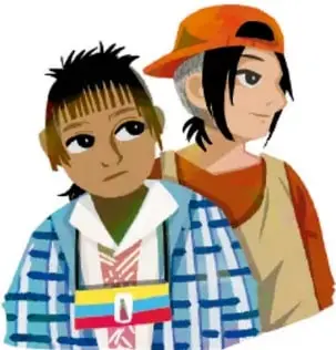 Ilustración de dos jóvenes: uno de piel morena con camisa de cuadros que incluye un símbolo de diversidad, y otro con gorra naranja. Crédito: Laura Ángeles Fernández, Ciudad de México.