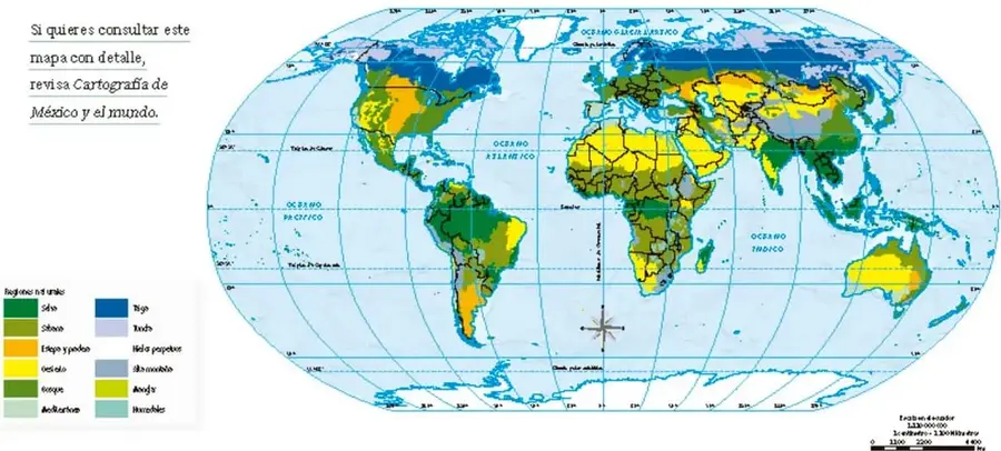 Mapa mímico del mundo que muestra las regiones naturales (selva, sabana, desierto, tundra, bosque, etc.) con leyenda de colores a la izquierda y rosa de los vientos al centro.