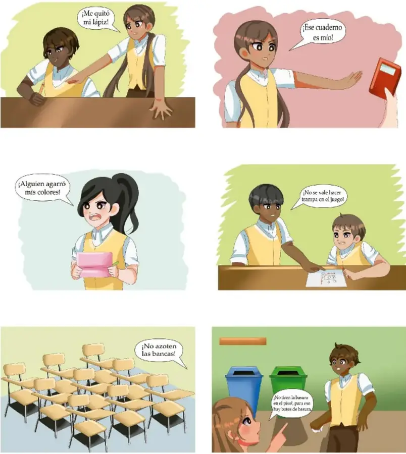 Dos estudiantes; uno dice «¡Me quitó mi lápiz!».