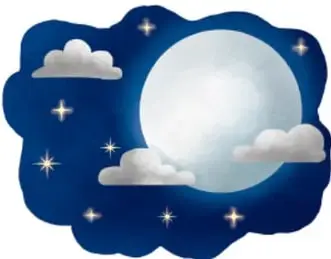 Ilustración de un cielo nocturno con nubes, estrellas y una luna brillante.