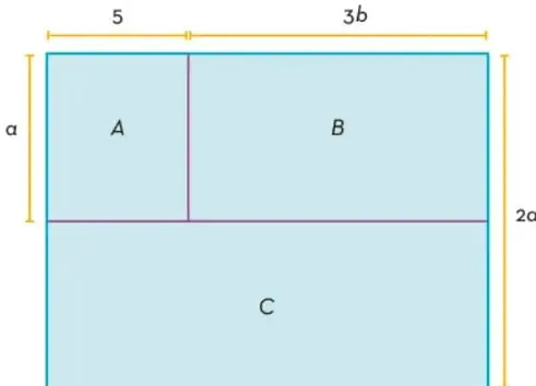 Figura de un terreno rectangular dividido en tres secciones: A (arriba izquierda), B (arriba derecha) y C (abajo). Las dimensiones son: base superior izquierda 5, base superior derecha 3b, altura izquierda a, altura derecha 2a.