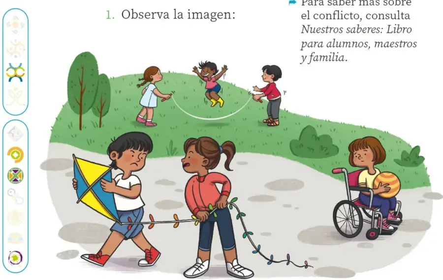 Ilustración de niños jugando al aire libre: niñas saltando la cuerda, un niño con papalote mirando molesto a una niña que jala una liana (posible conflicto), y una niña en silla de ruedas con un balón.