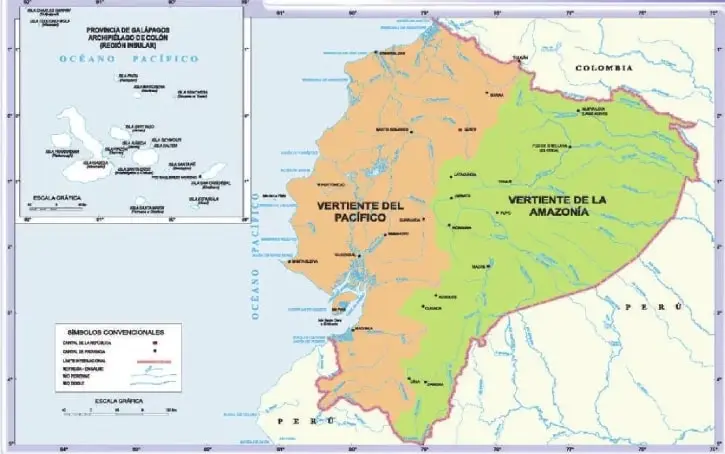 Mapa del Ecuador que diferencia con colores la vertiente del Pacífico y la vertiente de la Amazonía, e incluye las islas Galápagos y los principales ríos.