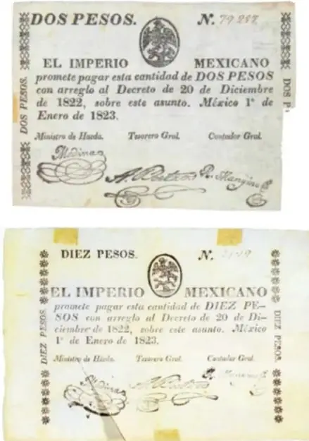 Dos billetes antiguos de El Imperio Mexicano: uno de DOS PESOS y otro de DIEZ PESOS, casi cuadrados, con el texto 'promete pagar esta cantidad... con arreglo al Decreto de 20 de diciembre de 1822... México, 1° de enero de 1823' y firmas de Ministro de Hacienda, Tesorero General y Contador General.