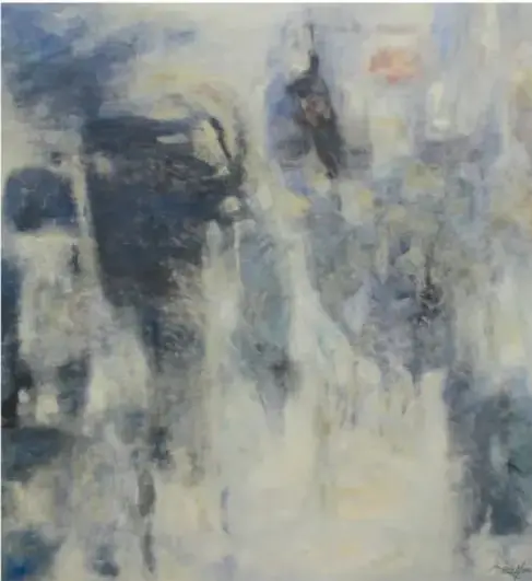 Obra 'De las horas azules I' (2011): manchas difusas azules y grises sobre blanco, de aspecto nebuloso.