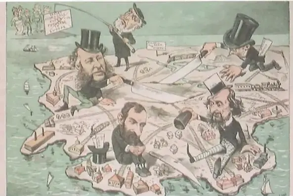 Ilustración crítica en la que grandes empresarios aparecen vinculados con territorios, empresas y actividades económicas, representando el poder de los monopolios.