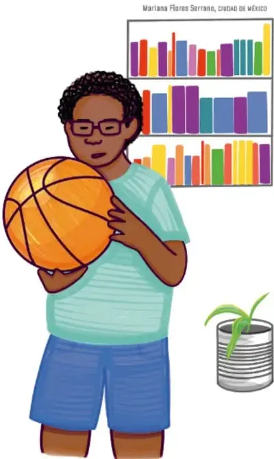 Ilustración de un niño con balón de básquetbol frente a un librero con libros de colores y una planta.